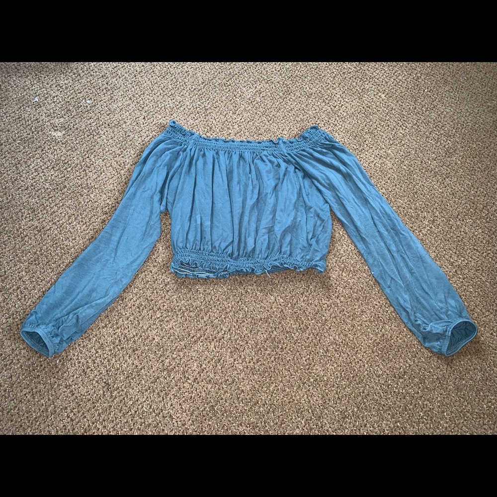 Teal off the shoulder loose long sleeve crop top